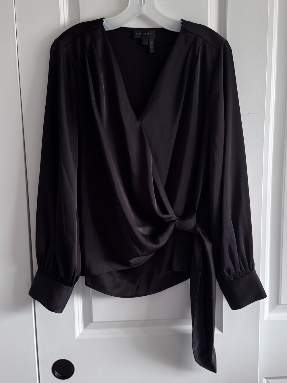 Donna Karan Black Satin faux Wrap Blouse with Side Tie - Picture 3 of 14
